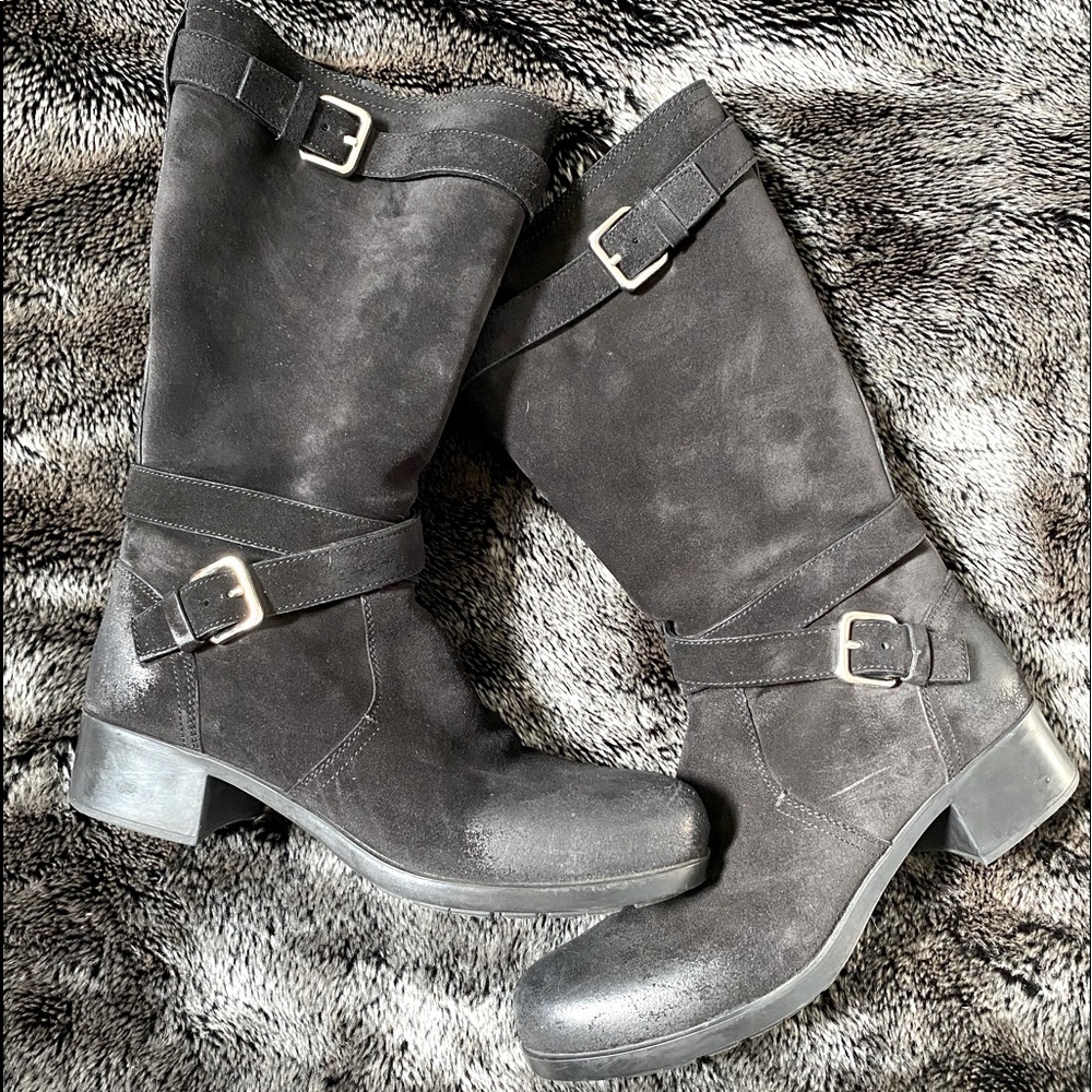 Black Prada Sport Distressed Suede Mid-Calf Boot